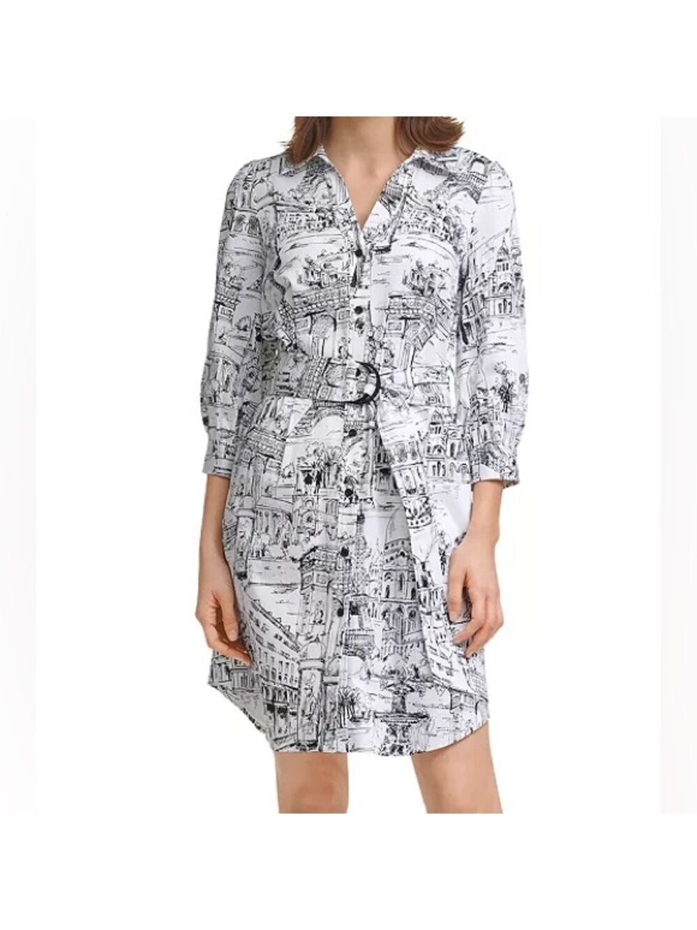 NWOT Karl LAGERFELD PARIS Printed Shirt Dress Paris Toile Printed white black 12
